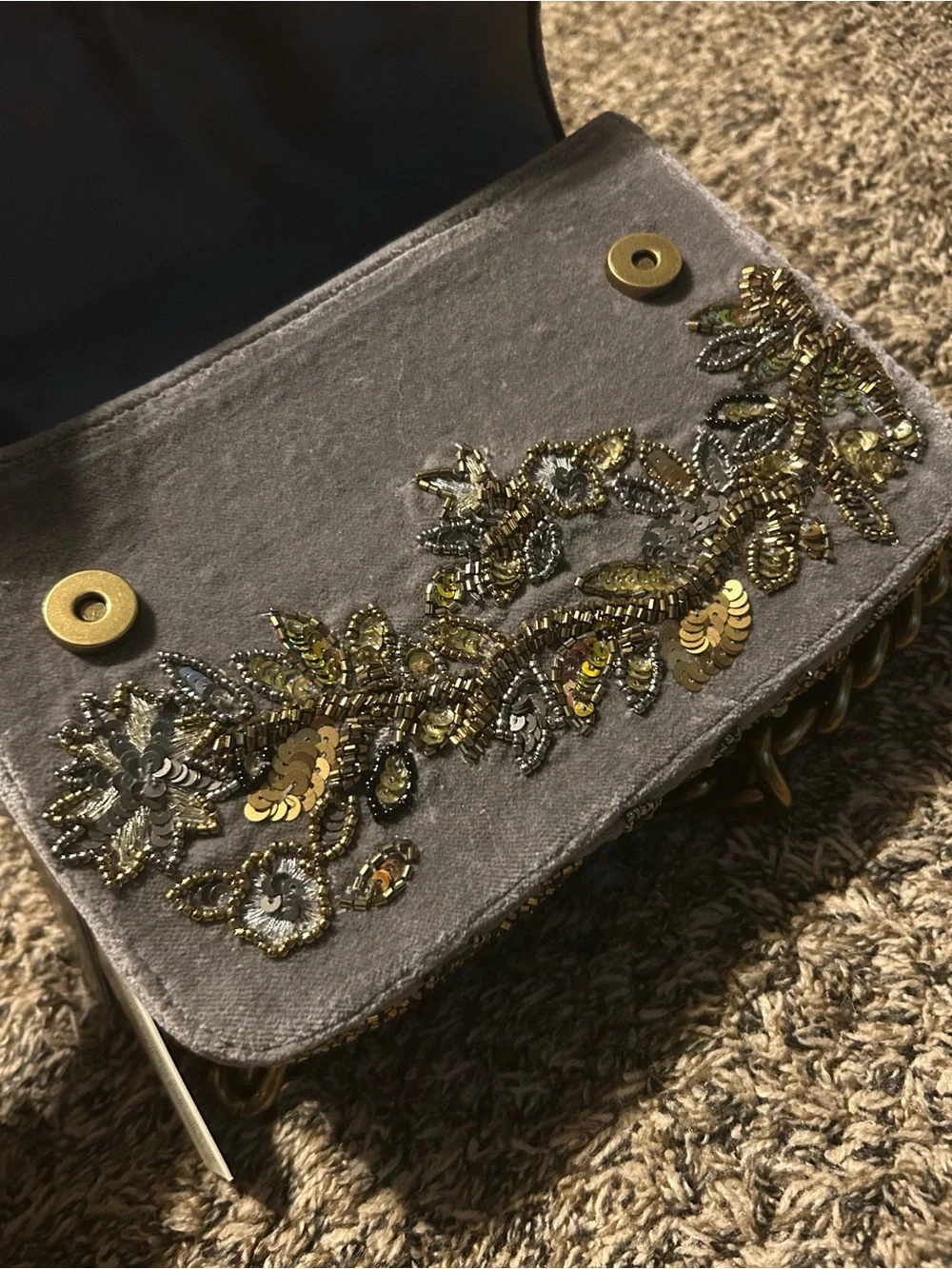 Hand Beaded Gray Velvet Shoulder Bag with Gold Chain